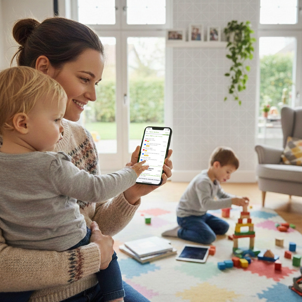 Mama mit Kindern nutzt EISAPP am Handy
